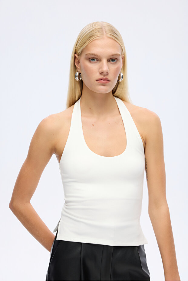 Sırt Dekolteli Halter Yaka Basic Atlet Ekru - 1