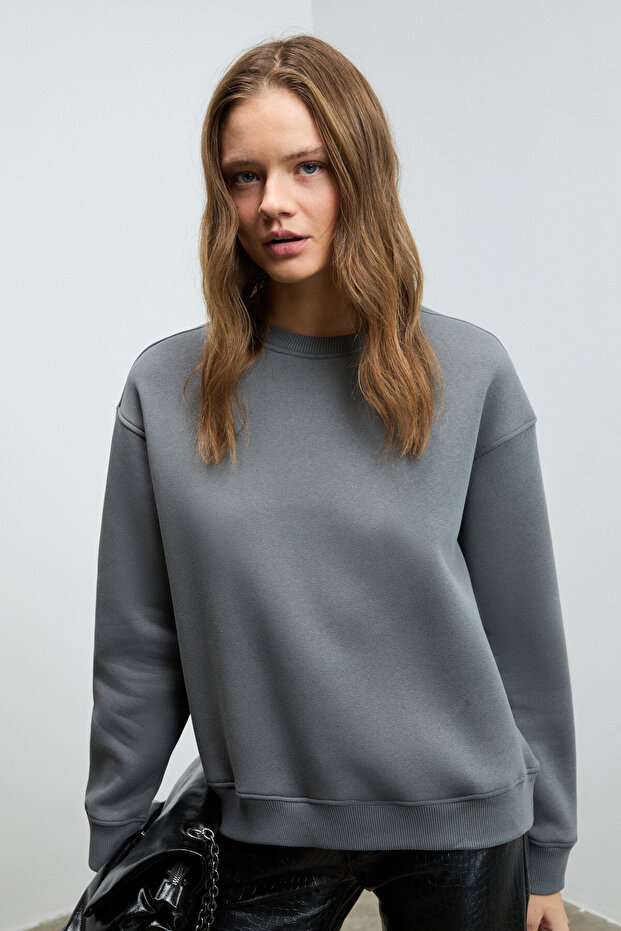 Vaneltina Women's Organic Cotton Soft Fleece Lined Round Neck Gray Sweatshirt