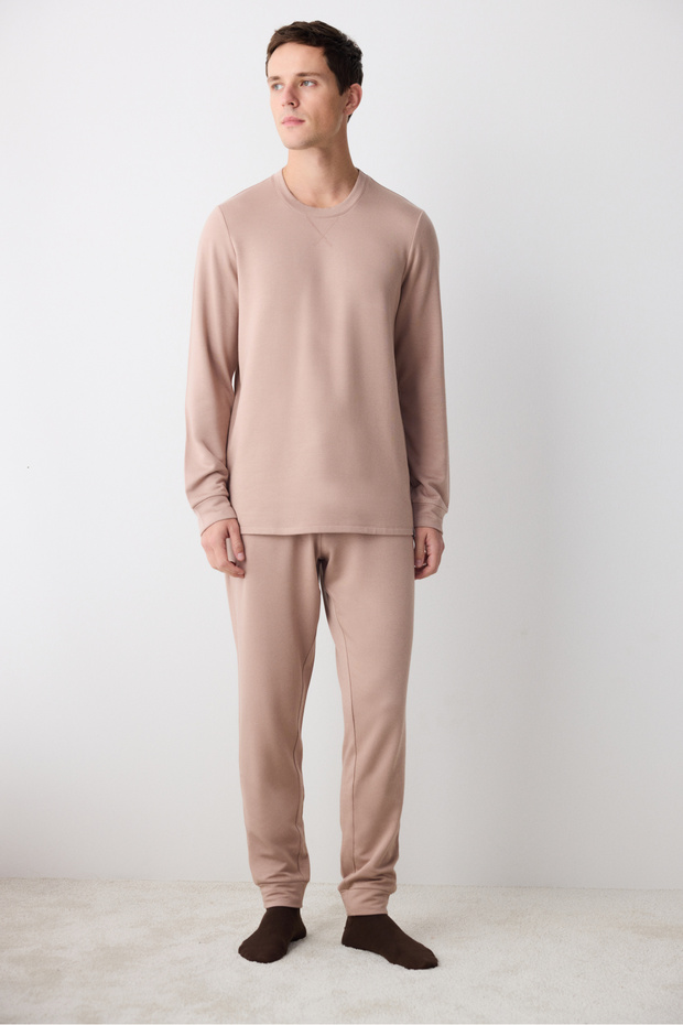 Basic Beige Jogger Pants Pajama Set - 1