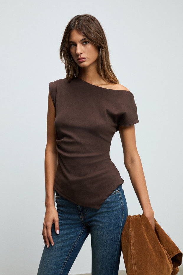 Rehinga Women's 100% Cotton Waist-Fitted Asymmetrical Collar Regular Fit Short Sleeve Brown Blouse
