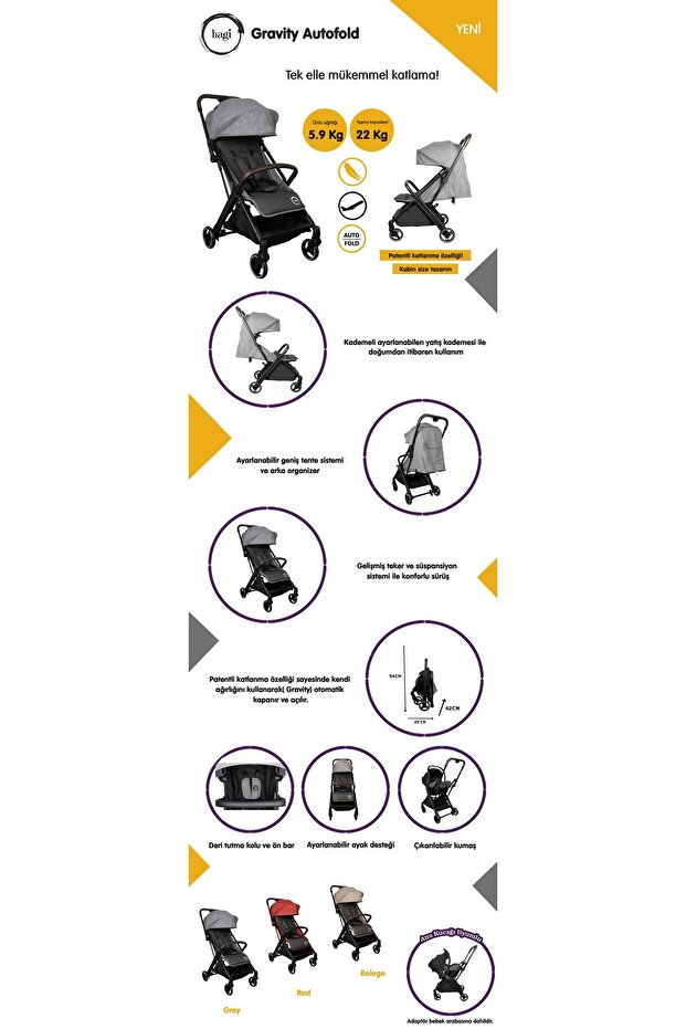 Gravity Autofold Bebek Arabası Grey - 6