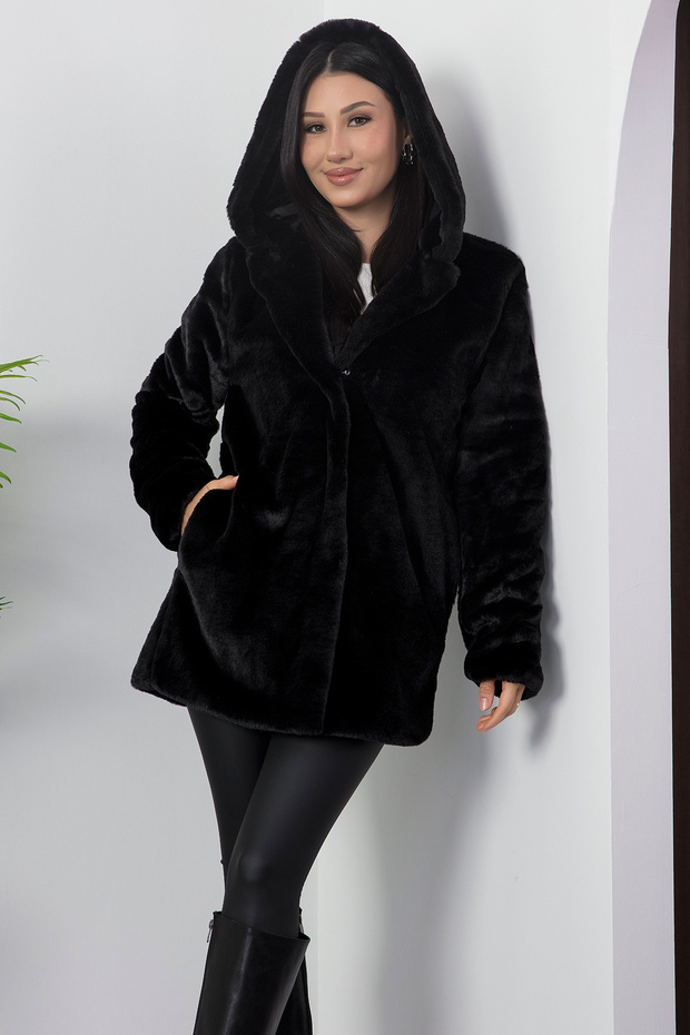 Kadın Kapüşonlu Peluş Kaban Nvy02 - 2