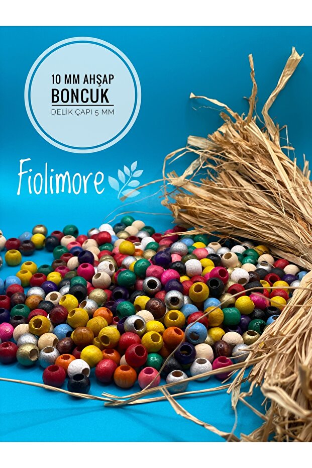 Fiolimore 10 mm Karışık Renk Ahşap Boncuk (50 Gram 155 Adet) Delik Çapı 5 mm Yuvarlak Geniş Delik Renkli Tahta
