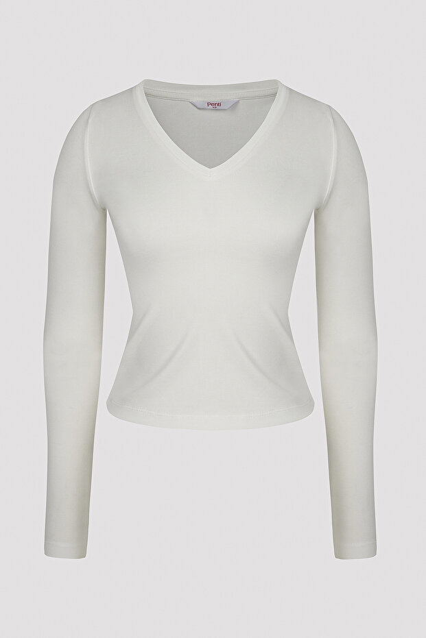 V Yaka Modal Ekru Üst - 5