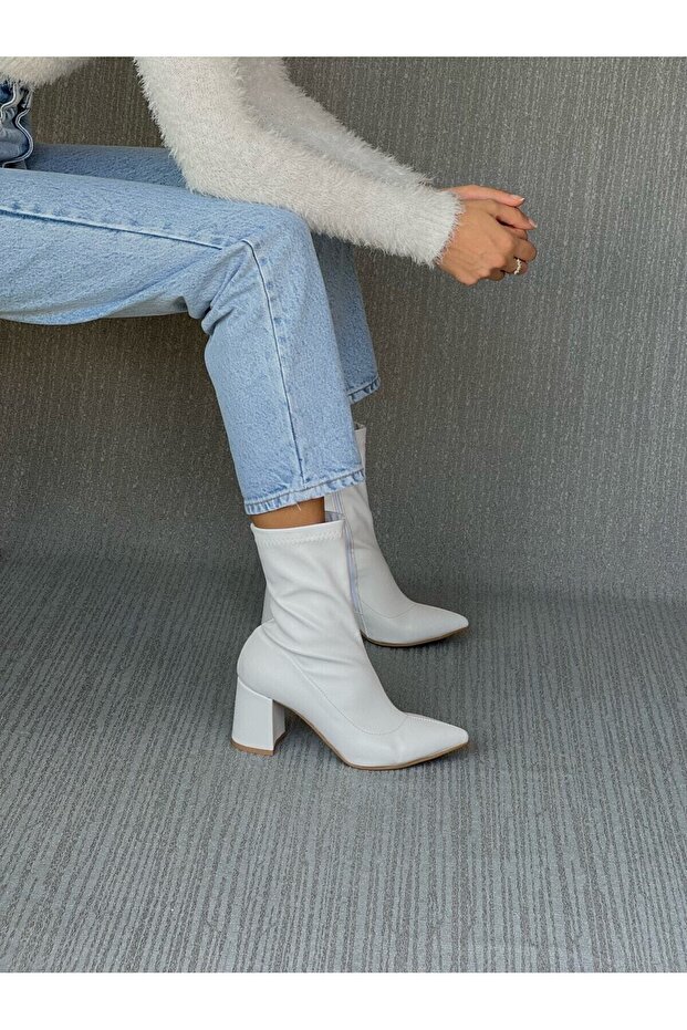 Beyaz Streç Bot Kalın Topuklu - 7