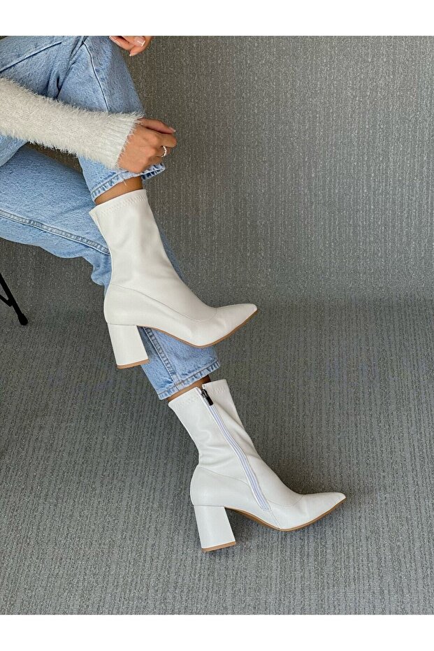 Beyaz Streç Bot Kalın Topuklu - 1