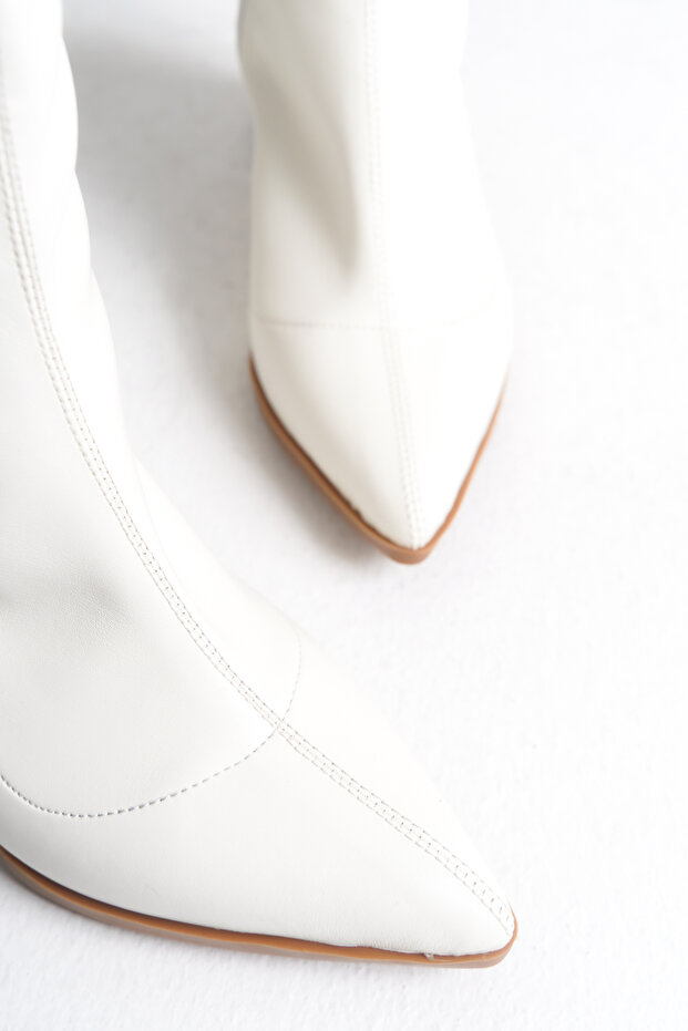 Beyaz Streç Bot Kalın Topuklu - 5