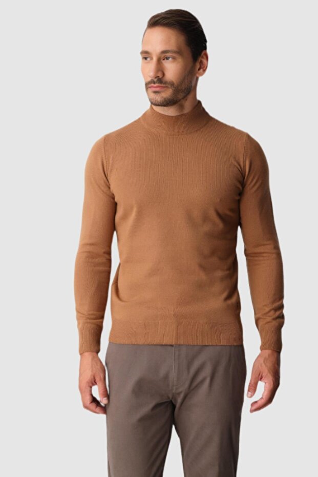 Light Brown Modern Fit Slim Fit Half Fisherman Plain Long Sleeve Knitwear