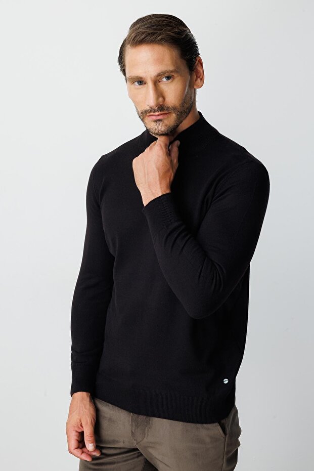 Black Modern Fit Slim Fit Half Fisherman Plain Long Sleeve Knitwear