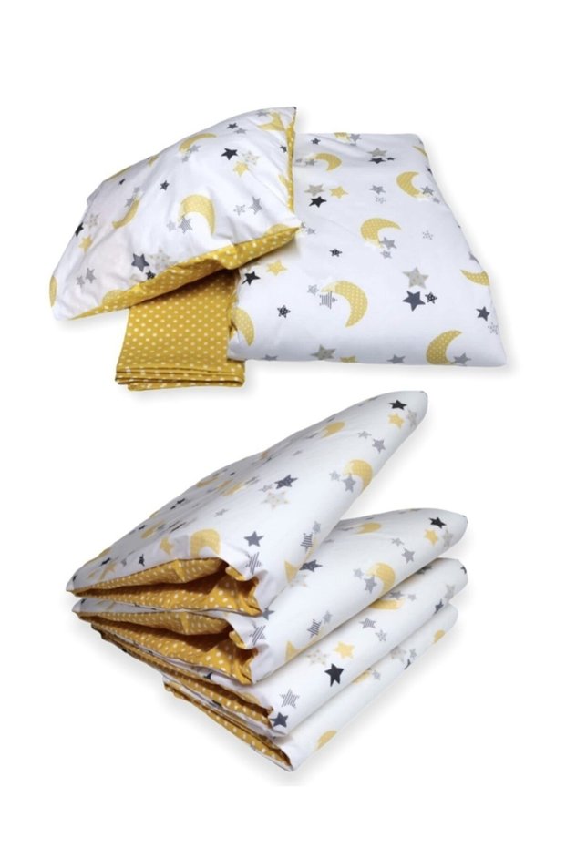 Yellow 100% Cotton Park Crib Side Protection Sleeping Set with Crescent and Star 70X110 (7 Pieces)