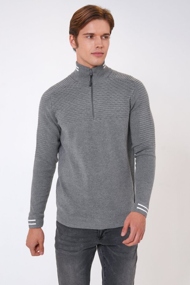 Gray Regular Fit Patterned Stand Collar Half Zipper Knitwear Sweater