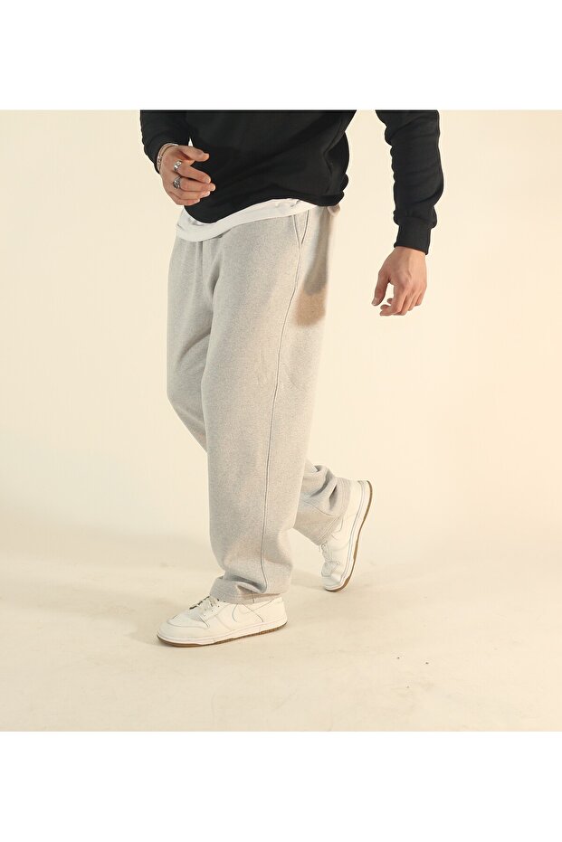 Men's Gray Baggy Winter Wide-Leg Sweatpants with Fleece Lining