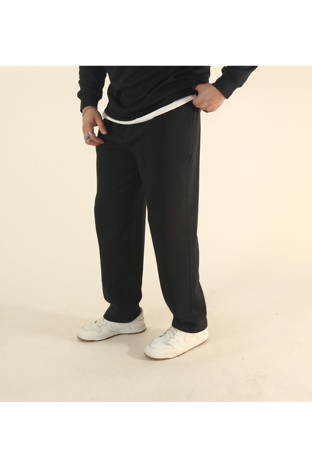 Men's Black Baggy Winter Wide-Leg Sweatpants with Fleece Lining