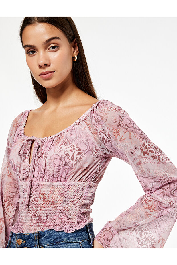 Boat Neck Long Sleeve Lace-Up Neckline Gipeli Chiffon Blouse