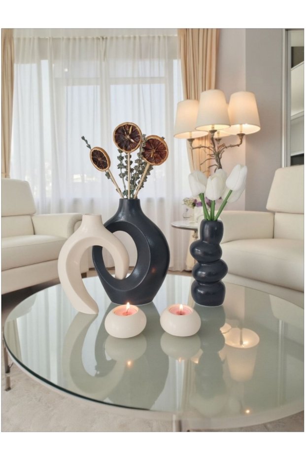 Platinum 5-Piece Modern Decorative Vase & Candle Holder Set | Large Size Living Room & Office Decor Height/23 cm