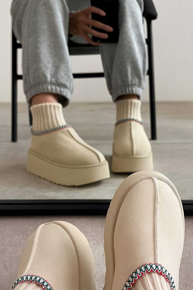 Kadın Ayakkabı Kendinden Çoraplı Kalın Tabanlı Bot Yüksek Taban Nakışlı Süet Bot & Bootie - 2