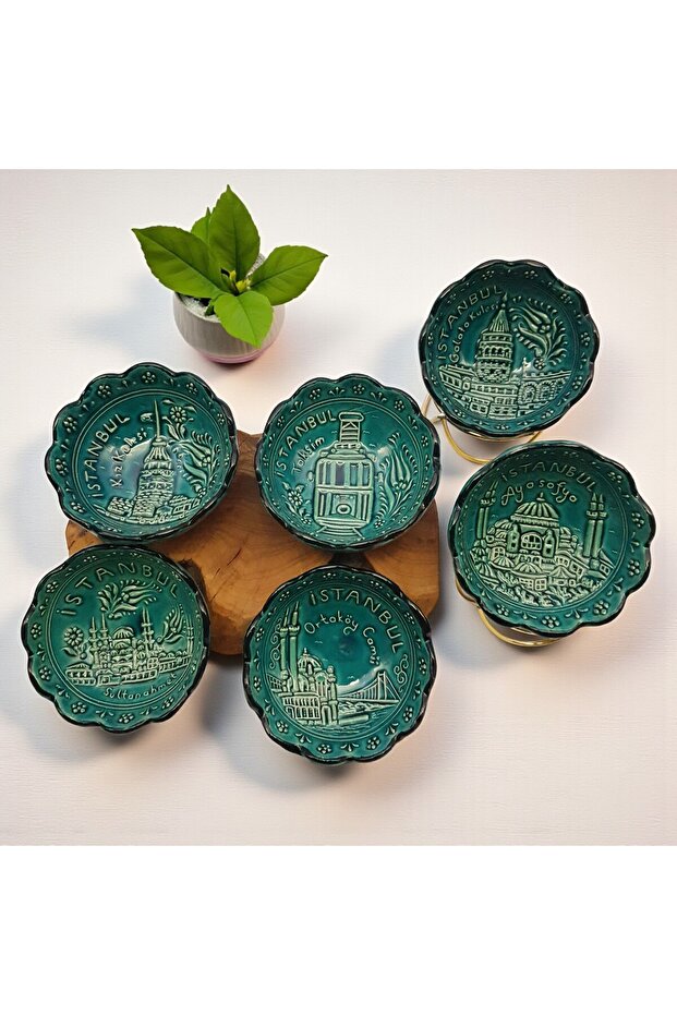 Very Special Turquoise 6-Piece Bowl Set with 6 Icons of Istanbul, Embossed Pattern