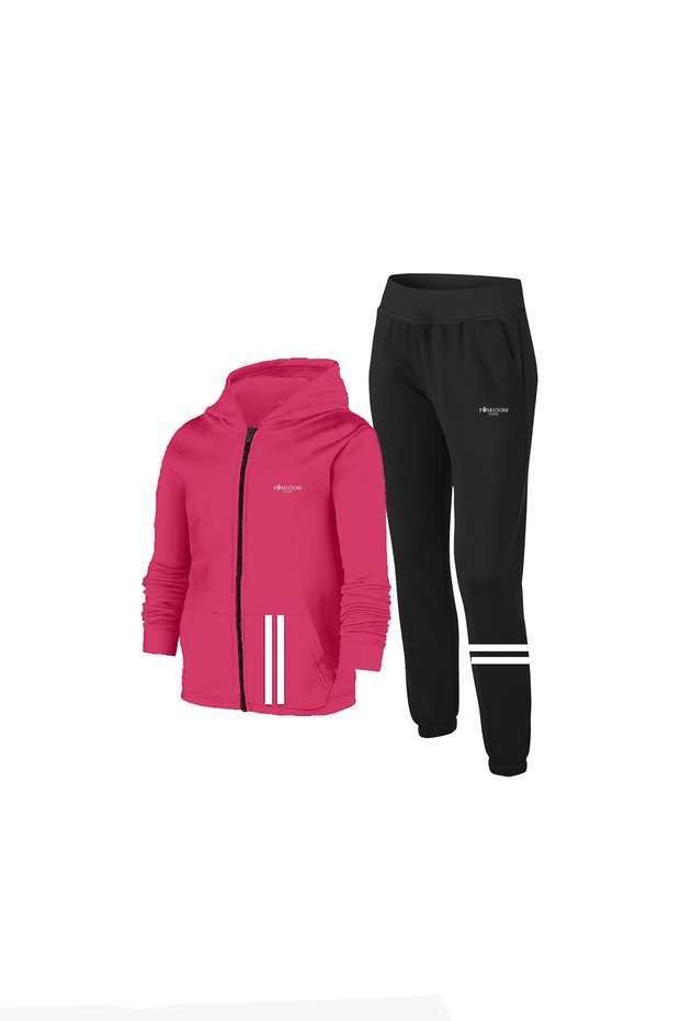 Girl's Fuchsia Casual Sports Tracksuit Set 104Cm-176Cm with Front Pocket Stripe