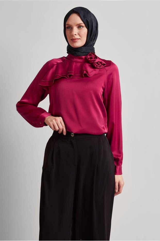 Rose Detail Satin Bluz 44713