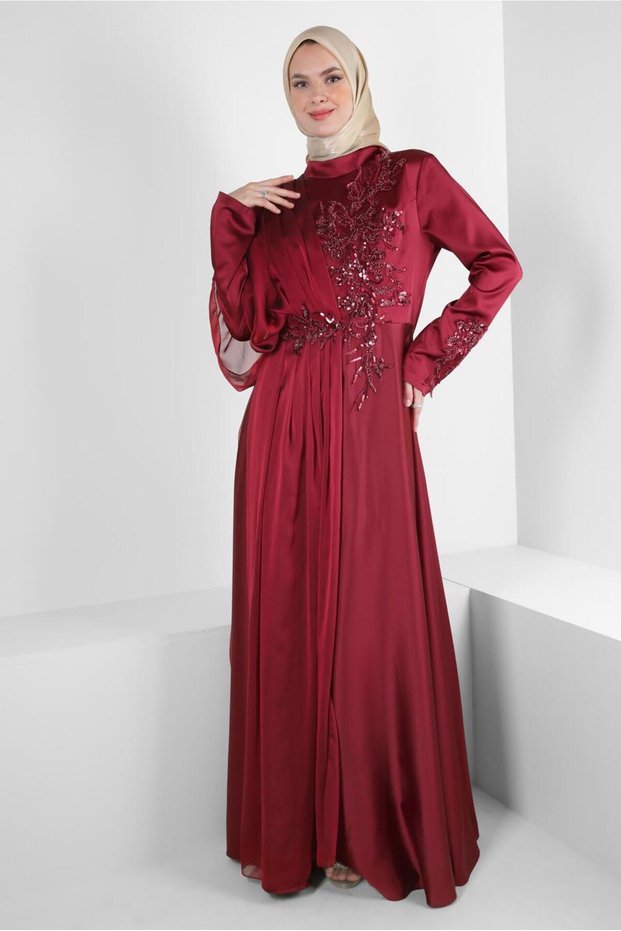 PUL PAYET EMBROIDERED TULE DETAILED SATIN EVENING DRESS 50374