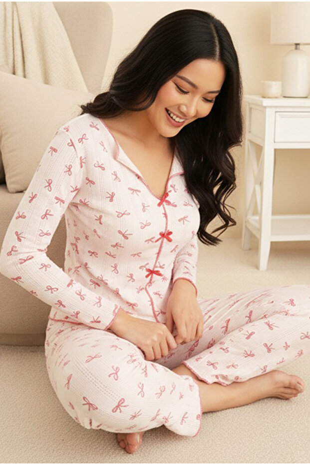 Pink Cotton Bow Detailed Openwork Perforated Knitted Pajama Set7927-4