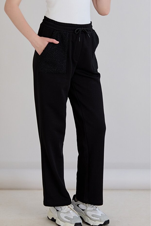 Women's Elastic Waist Regular Fit Knitwear Garnished Three Thread Non-Shardon Black Sweatpants