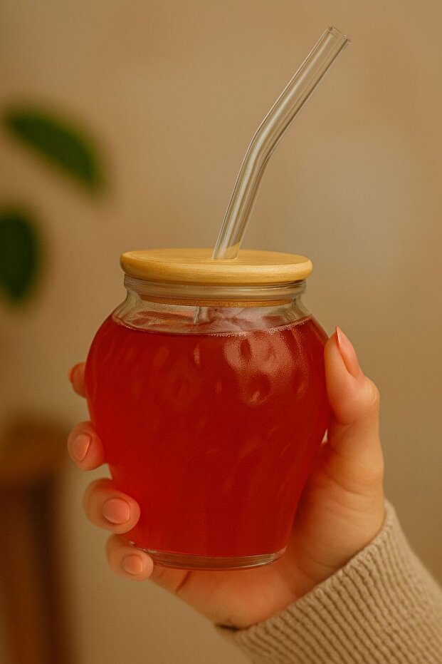 Heat Resistant Strawberry Cup 400ml, Borosilicate Glass Cup with Bamboo Lid and Straw