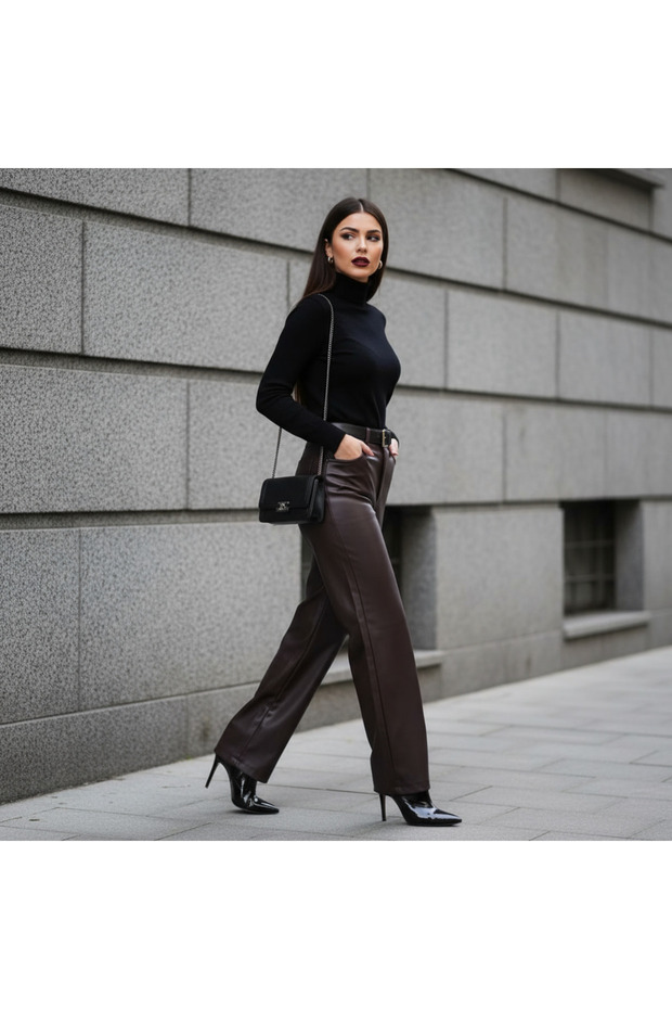 Bitter Brown Soft Lining Detailed Faux Leather Palazzo Pants - Fw25