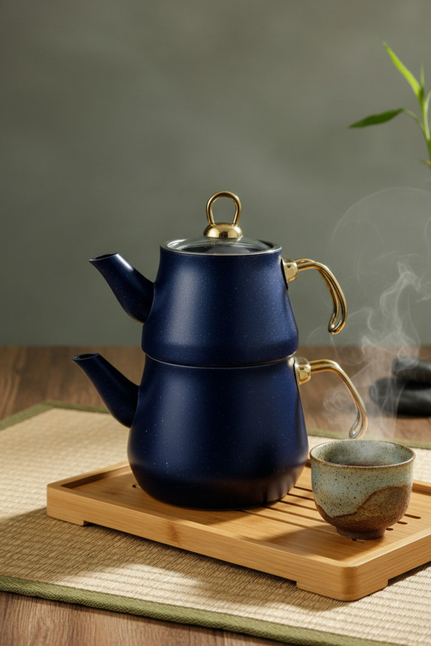 Granit Kaplama Gold Kulplu Cam Kapak Çaydanlık Mavi - 4