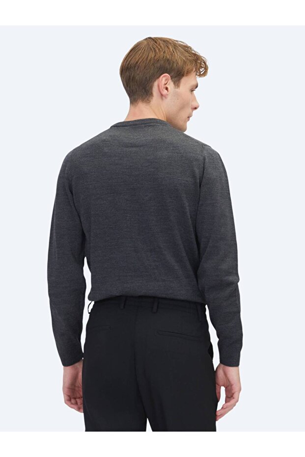 Antrasit Bisiklet Yaka Düz Örgü Triko Kazak - 5