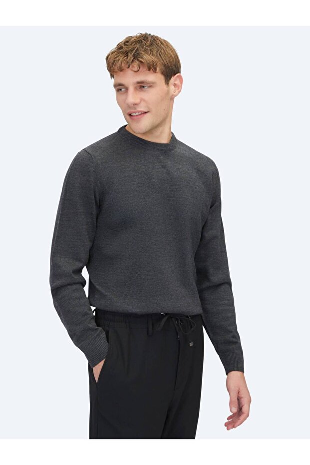 Antrasit Bisiklet Yaka Düz Örgü Triko Kazak - 3