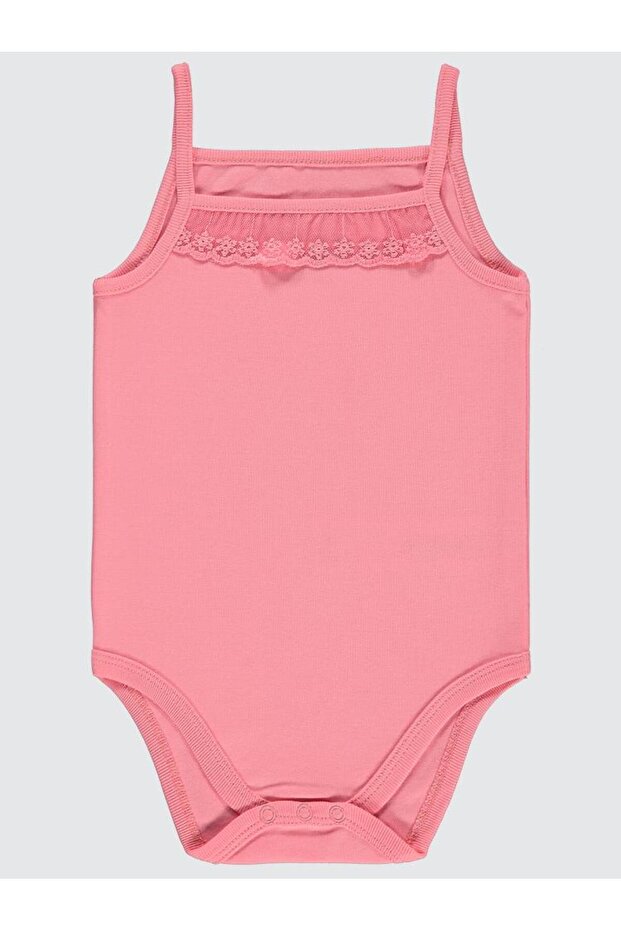 Combed Cotton Rope Strap Lace 3-9 Months Girl Snap-On Bodysuit - Pink 6-9 Months