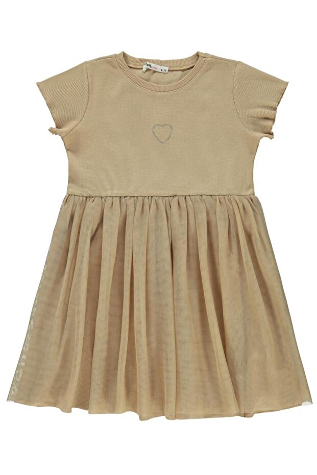 Kalp Printed Tulle 6-9 Years Old Dress - Beige 7-8 Years Old