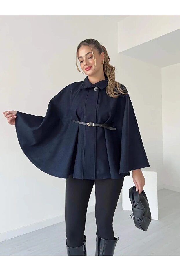 Women's Navy Blue Judge Collar Belted Cashmere Poncho 15732