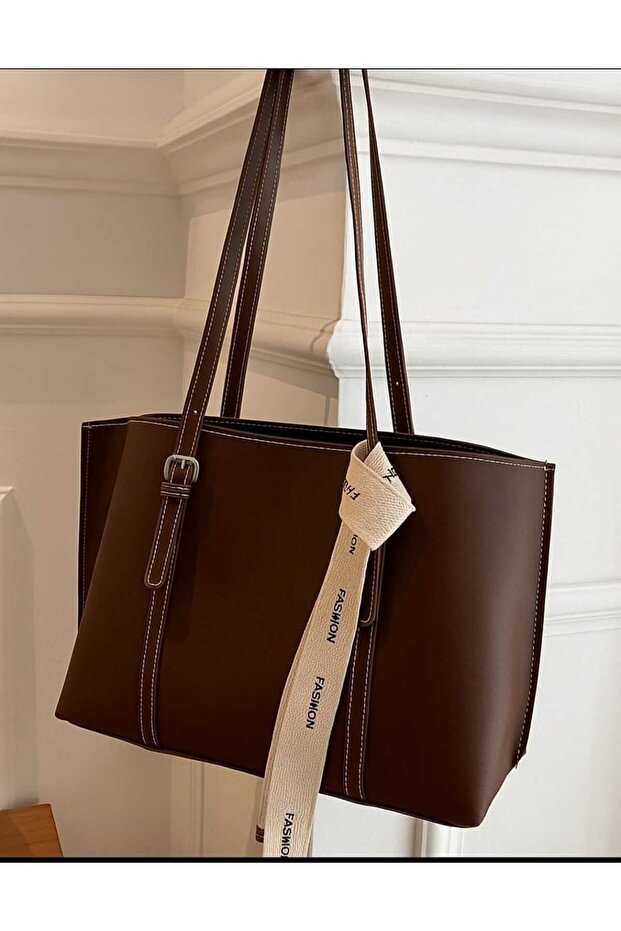 Women's Large Size Scarf Detail Shoulder Bag Brown