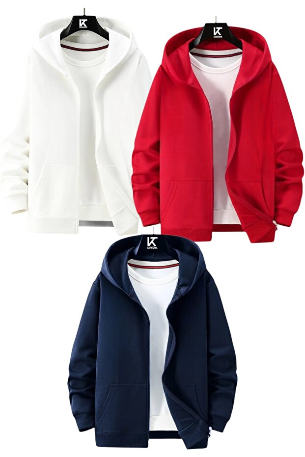 3-Piece Hooded Unisex Zippered Sweatshirt / Cardigan