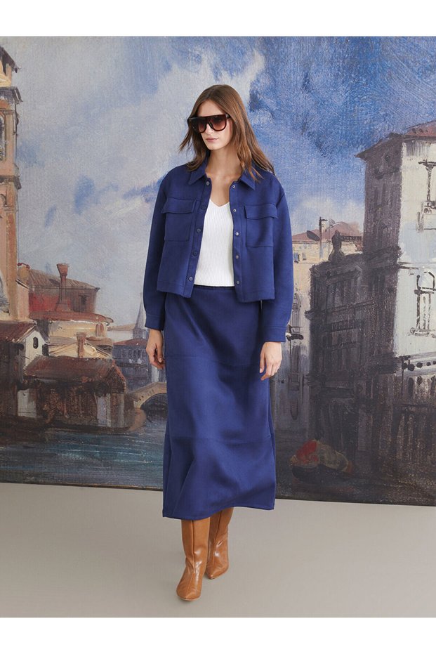 Alita City Lcw Modest Navy Blue Suede Look Plain Midi Women's Skirt