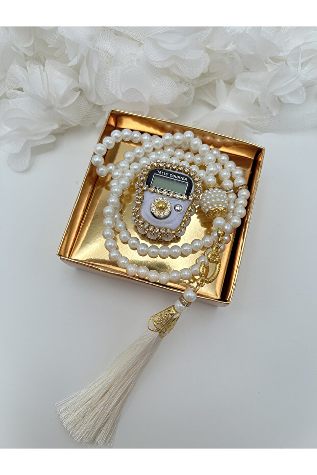 1 Piece White Gift Dowry Boxed Rosary and Stone Zikirmatik Set (Mevlit-Circumcision-Hajj-Umrah)