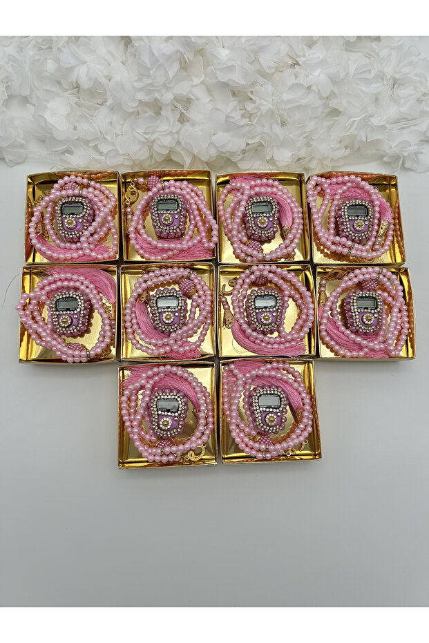 10 Pieces Mevlid-hajj-umrah Gift Pink Stone Zikirmatik and Tasbih Set Boxed