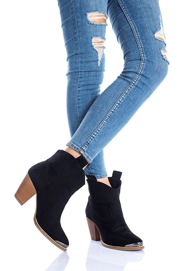 Çekme Kısa Kovboy Kalın Boyalı Ökçe Sıcak Astarlı Neolit Metal Burunlu Bot-siyah Süet-byc0300 - 2