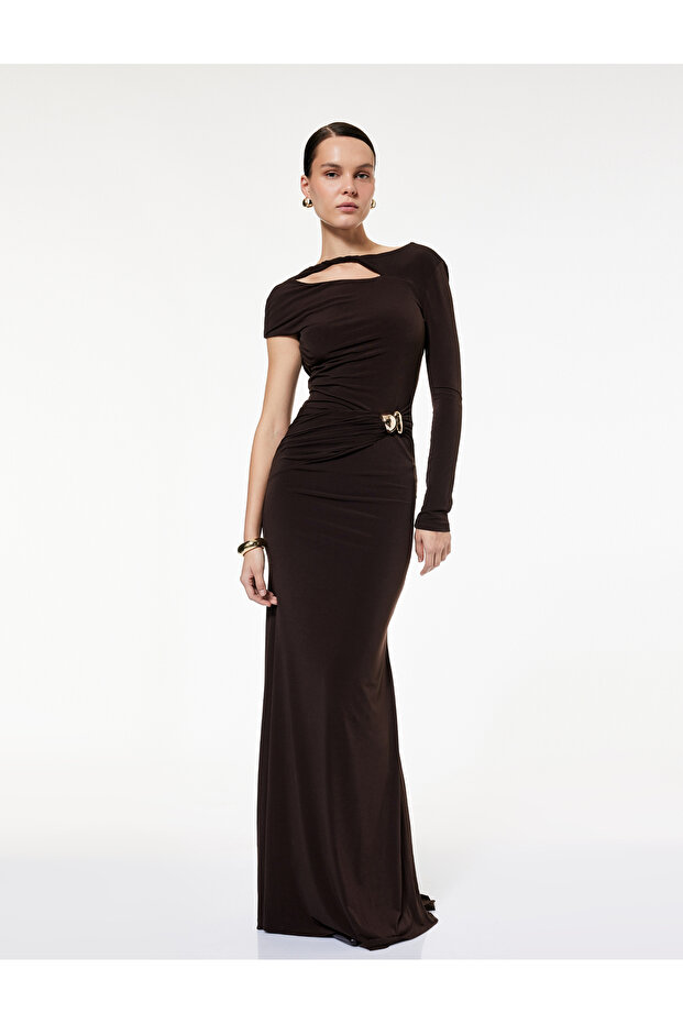 Long Sleeve Metal Accessory Long One Shoulder Dress with Window Detail on the Back