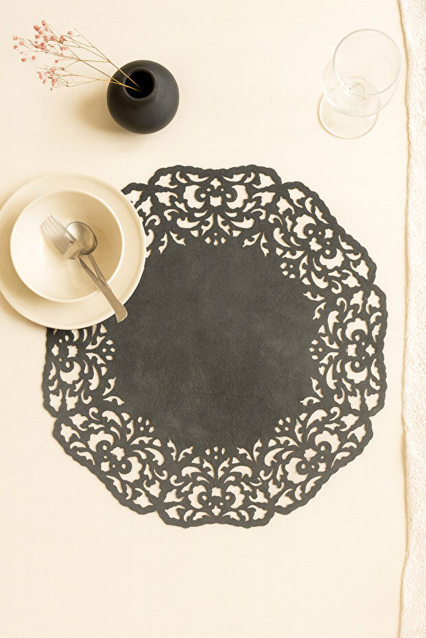 Dark Gray Suede Fabric Round Placemat American Service Set 6 Pieces 35x35cm