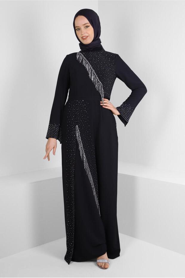 STONE EMBROIDERED CHAIN DETAILED EVENING DRESS 50381