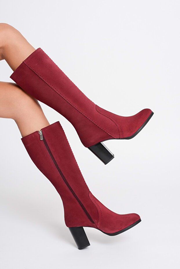 Women's Genuine Leather Heeled Suede Boots - Burgundy Suede