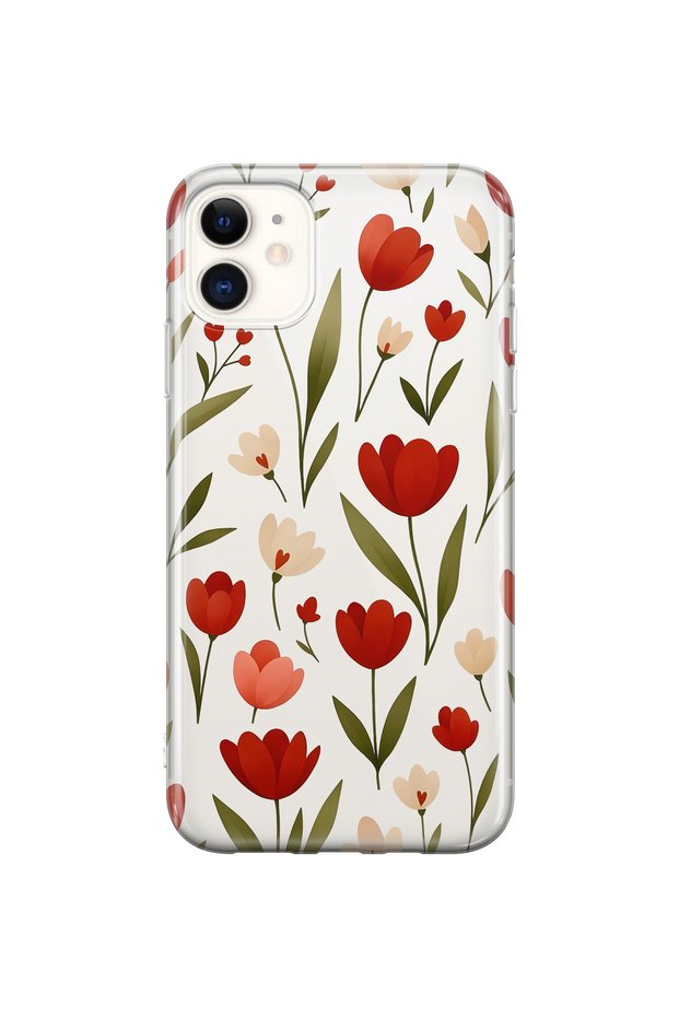 iPhone 11 Compatible Red Tulip Patterned Transparent Phone Case