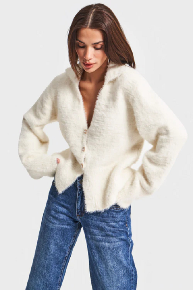 itsbasic Kadın Önü Düğmeli Özel Dokuma Oversize Hırka - 1