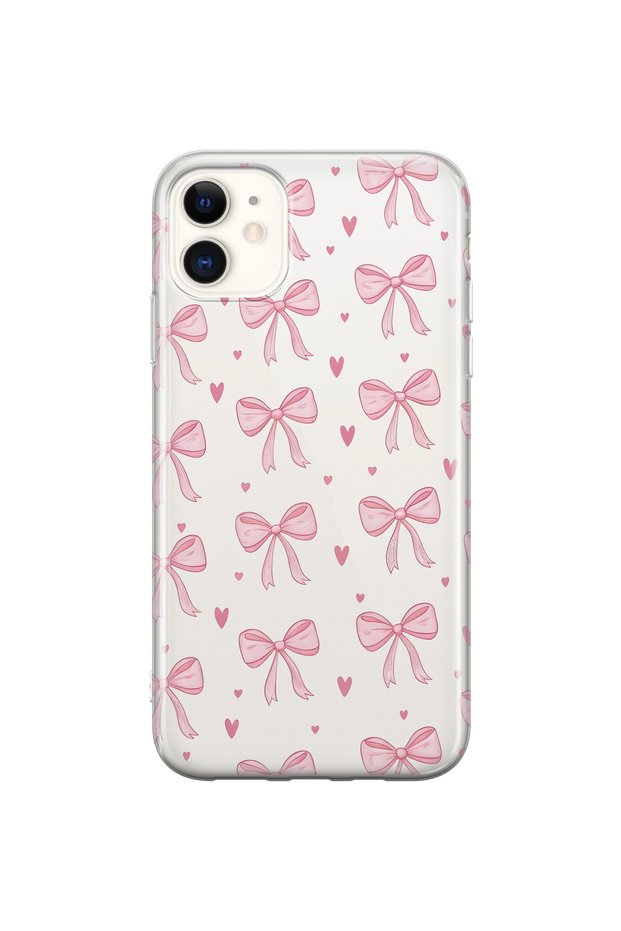 iPhone 11 Compatible Pink Bow Pattern Transparent Phone Case