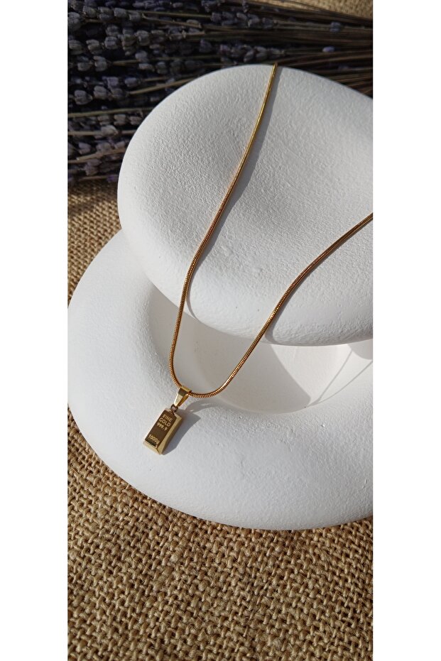 Çelik Külçe Altın Kolye - 1