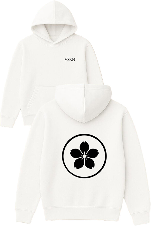 5-Petal Flower Design Printed Oversized White Hooded Sweatshirt