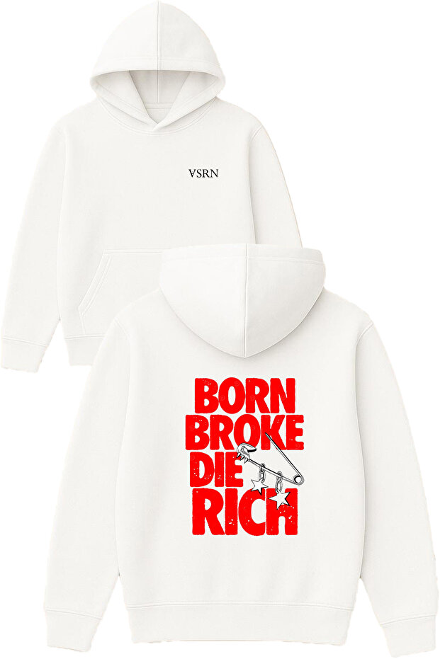 Born Broken Design Printed Oversized White Hooded Sweatshirt
